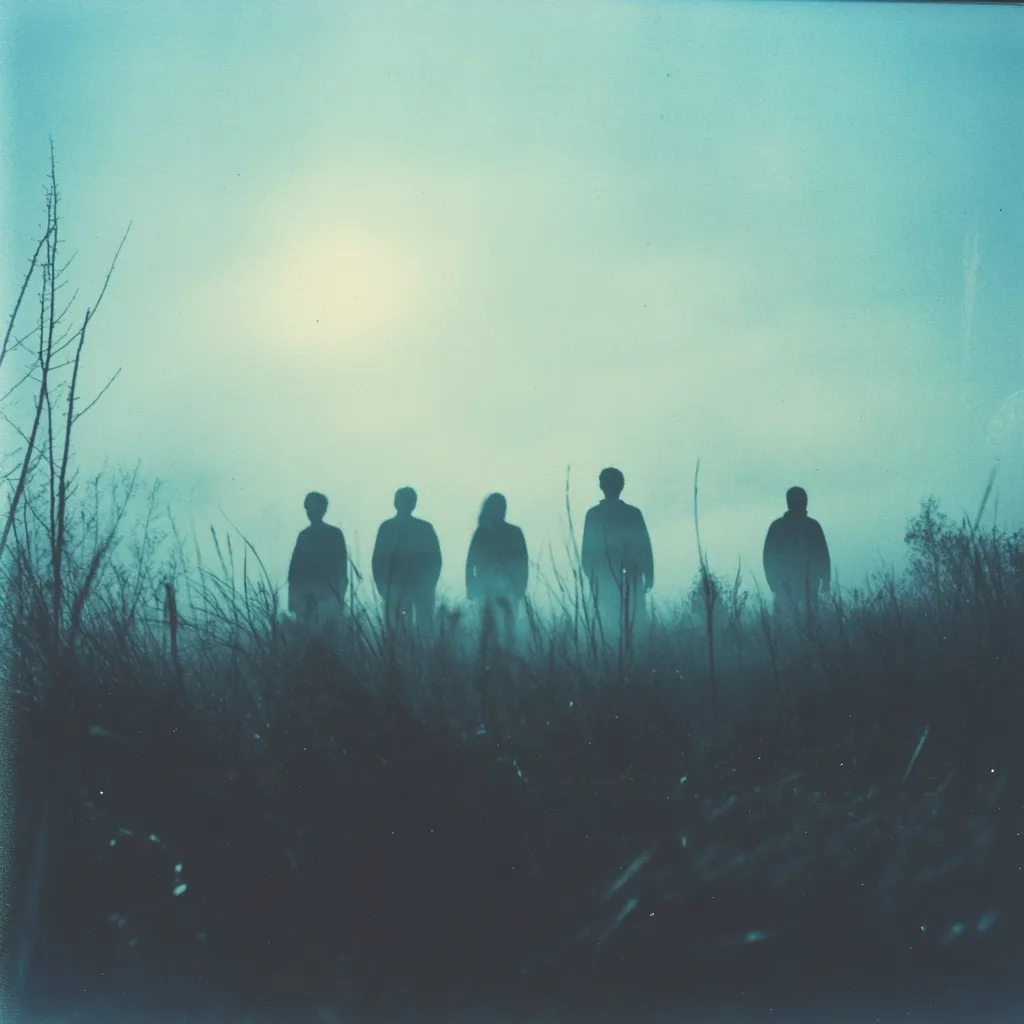 Five silhouetted figures stand in a misty field, their forms barely visible against a pale, ethereal sky.  Tall grasses obscure their lower bodies. The scene is shrouded in a bluish-green haze, creating a mysterious and somewhat melancholic atmosphere.  The overall impression is one of isolation and quiet contemplation.