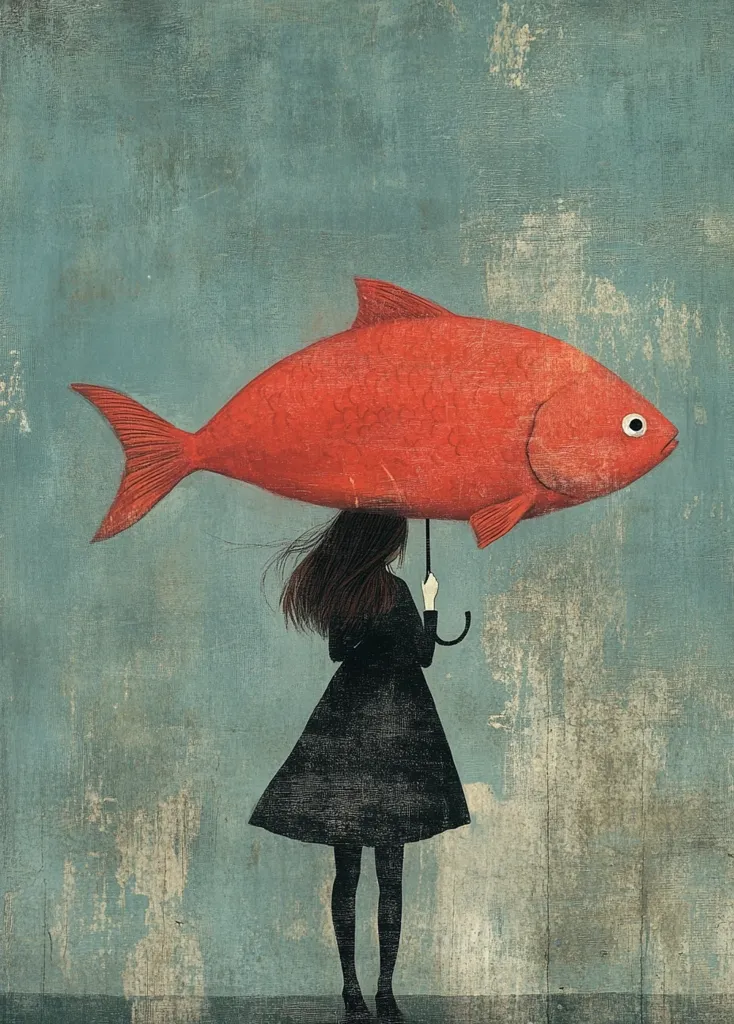 A girl with long brown hair, wearing a black dress, stands holding an umbrella shaped like a large, vibrant orange fish.  The textured background suggests a stormy or melancholic atmosphere. The surreal image blends elements of nature and fantasy, creating a dreamlike and slightly whimsical scene. The girl's posture suggests contemplation or quiet resilience.