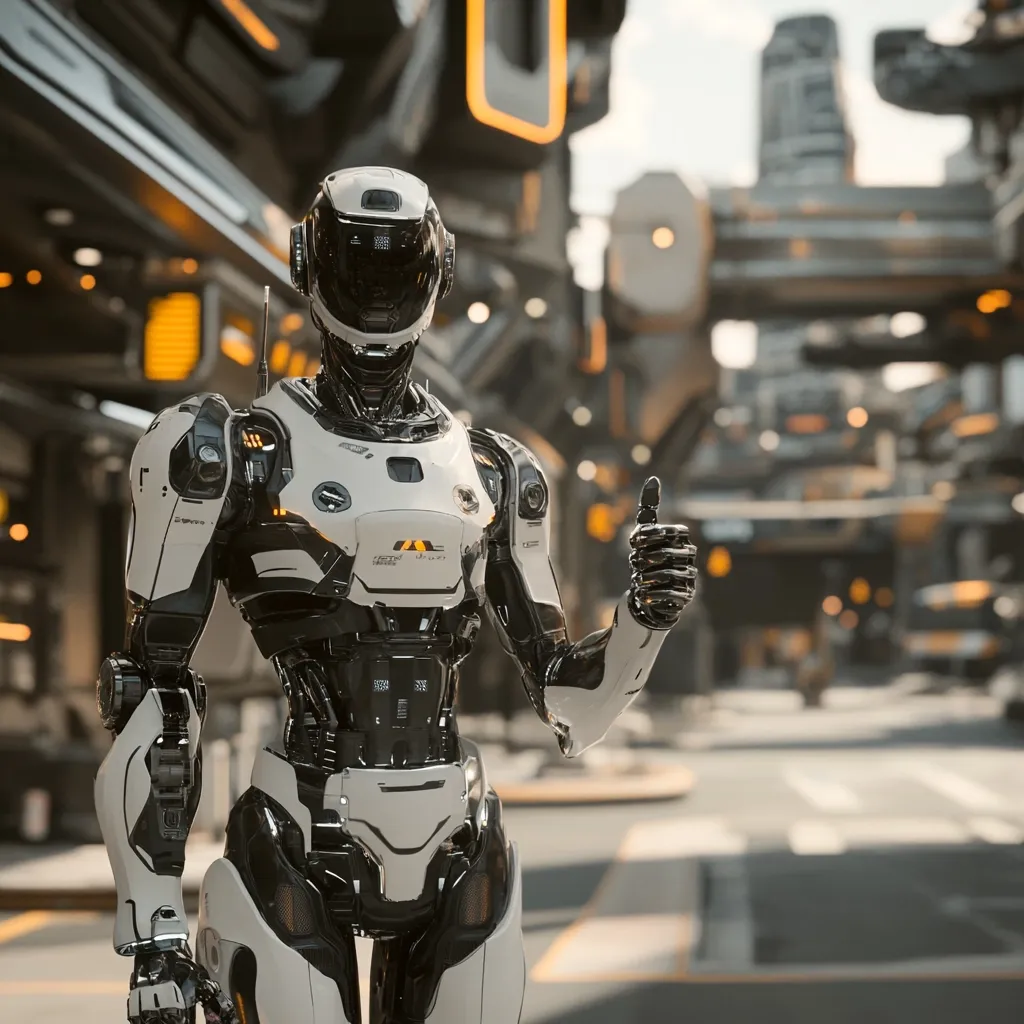 A futuristic robot, predominantly white and black, stands in a city setting.  It's humanoid in design, with visible mechanical joints and a helmet. The robot gives a thumbs-up gesture, suggesting approval or positive sentiment. The background features blurred futuristic architecture, creating a sense of depth and advanced technology.  The overall image conveys a feeling of technological advancement and optimism.