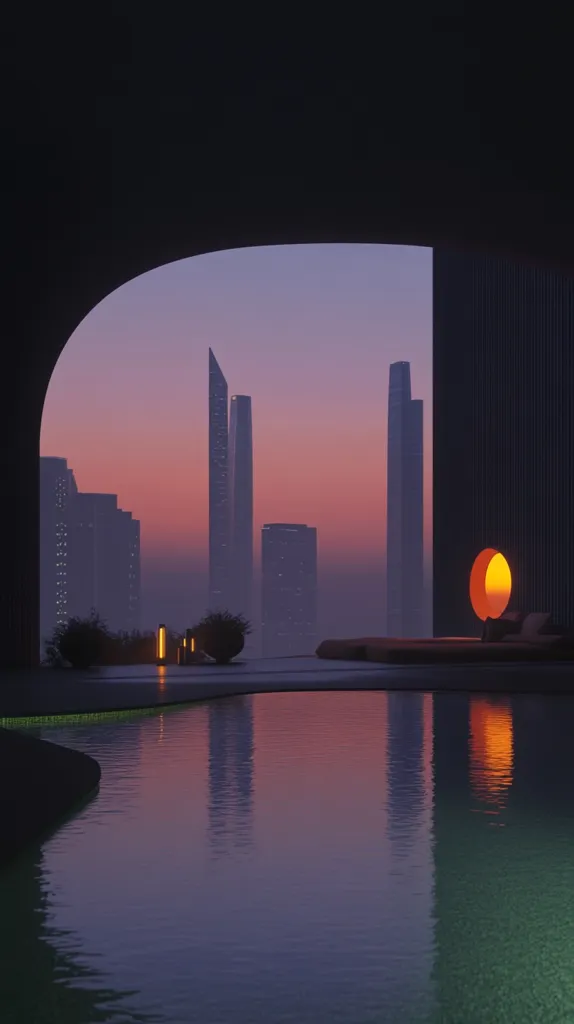 A tranquil scene unfolds from a modern, curved window.  A cityscape silhouetted against a dusky, purple-tinged sunset dominates the view.  Tall skyscrapers stand prominent, reflected in a calm, dark pool of water below.  Minimalist landscaping and a warm, orange light add to the serene atmosphere of this contemporary architectural space.  The image evokes a sense of peace and sophisticated urban design.