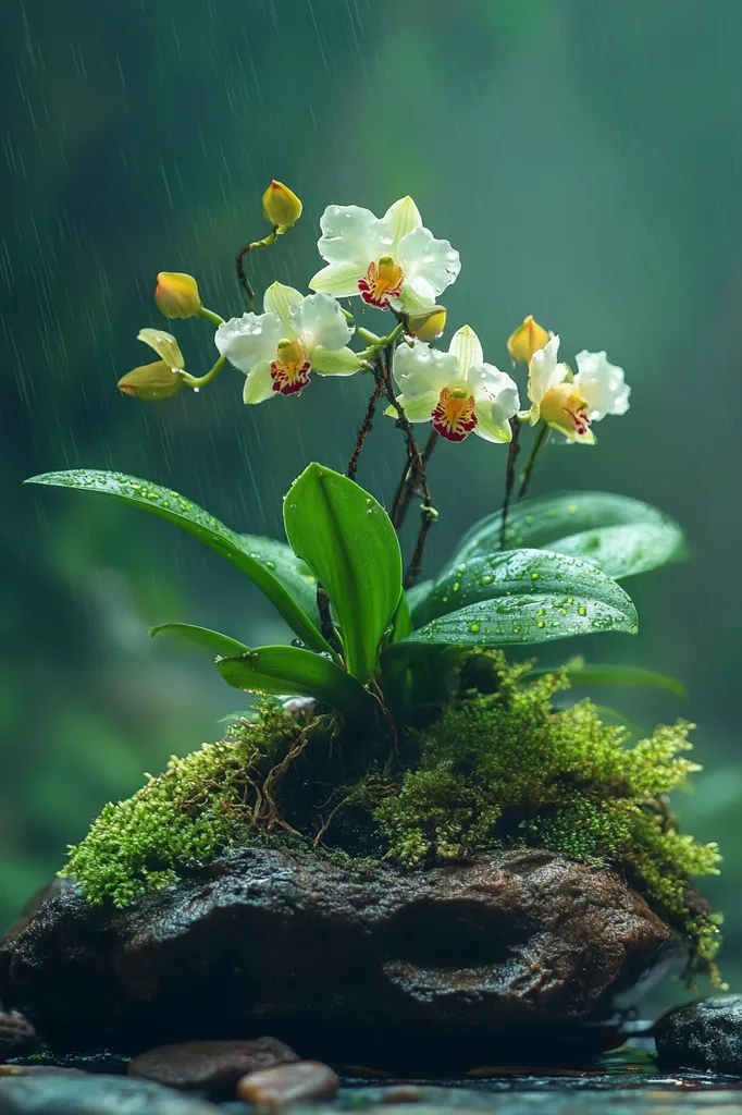 A delicate arrangement of white phalaenopsis orchids thrives on a mossy rock, nestled amongst smooth stones. Rain droplets cling to the lush green leaves, creating a serene and tranquil scene. The soft light enhances the beauty of the orchids and the vibrant green moss, providing a stunning visual contrast against the dark, earthy tones of the rock and background. The overall composition evokes a feeling of peace and harmony with nature.