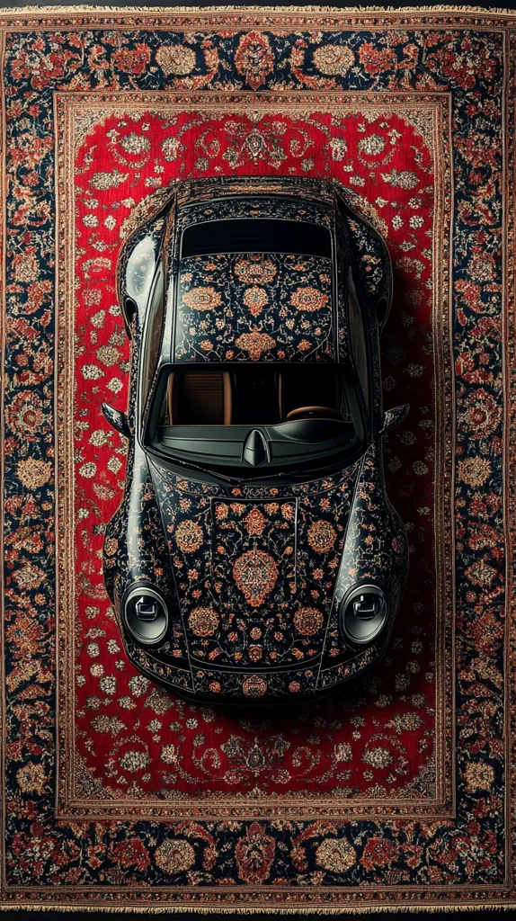 A black Porsche 911 is parked on a richly patterned Persian rug. The car's body is meticulously adorned with a design mirroring the rug's intricate details.  The overhead shot emphasizes the symmetry and the striking contrast between the sleek car and the traditional textile. The image creates a juxtaposition of modern luxury and ancient artistry.
