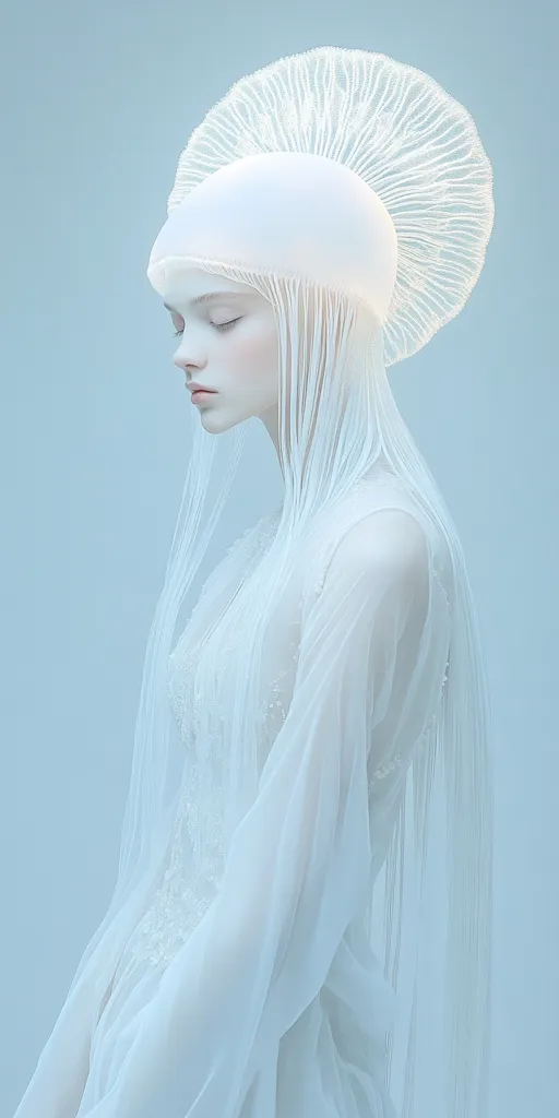A serene woman is captured in a stunning portrait, adorned in an ethereal white gown and an intricate headdress.  The headdress features a circular, radiating design, resembling a halo.  Her eyes are closed, conveying a sense of peace and tranquility. The overall aesthetic is one of delicate beauty and otherworldly grace. The pale blue background enhances the ethereal quality of the image.