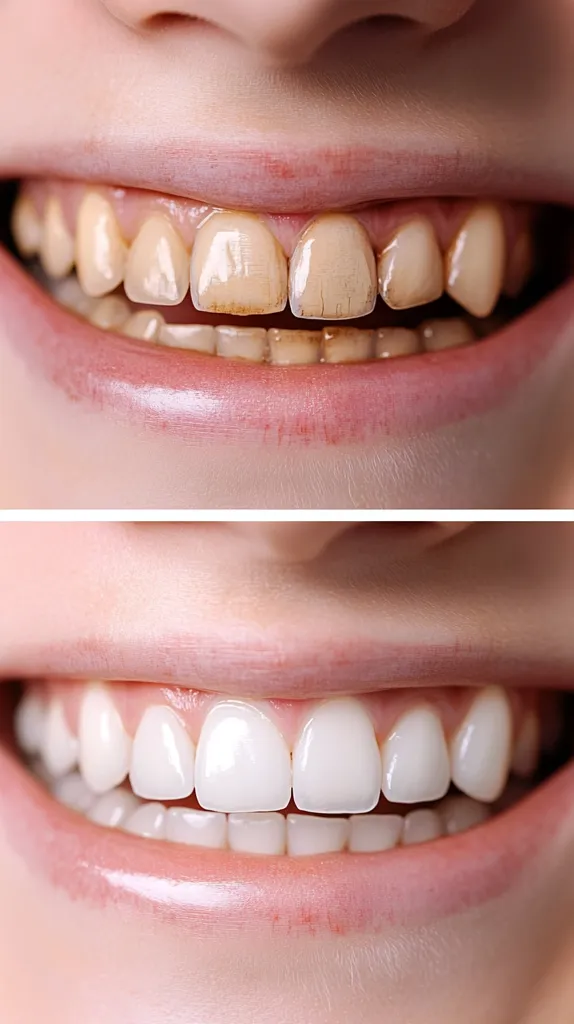 A before-and-after image showcases teeth whitening. The top half displays yellowed, stained teeth.  The bottom half reveals the same teeth, dramatically whitened and brightened, showcasing a significant improvement in appearance and overall dental health.  The transformation highlights the effectiveness of professional teeth whitening treatments.