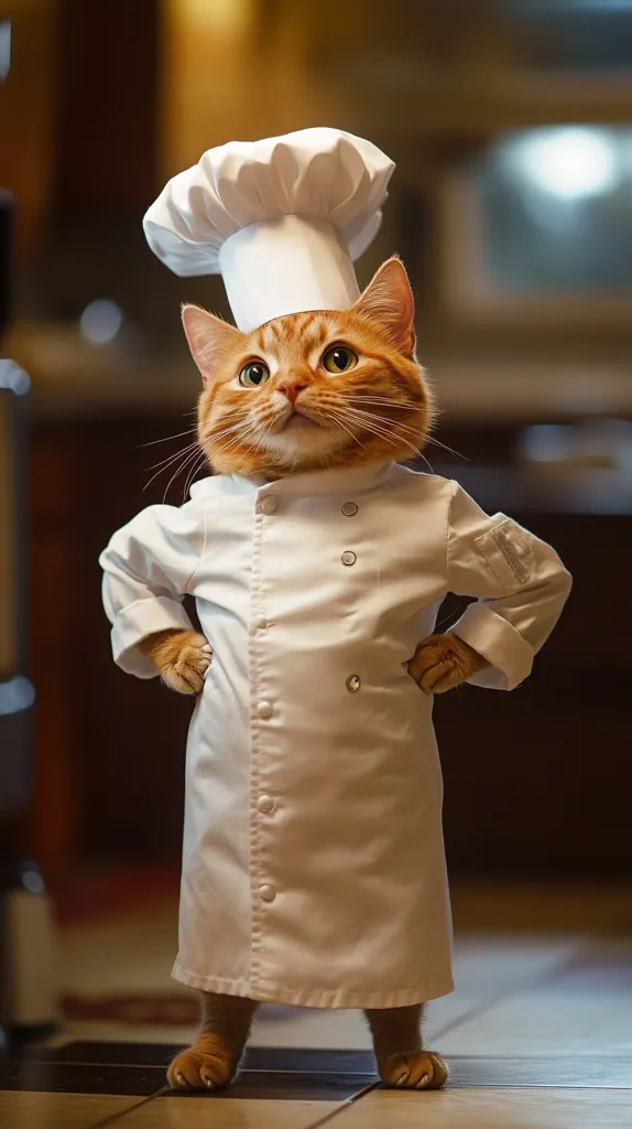 A ginger cat stands proudly in a miniature chef's uniform, complete with a tall white hat.  Its paws are planted firmly on the kitchen floor, hands on hips, conveying a confident and perhaps slightly smug demeanor. The cat's expression is serious, adding to the humorous image of a feline chef. The background is blurred, focusing attention on the adorable and amusingly dressed cat.