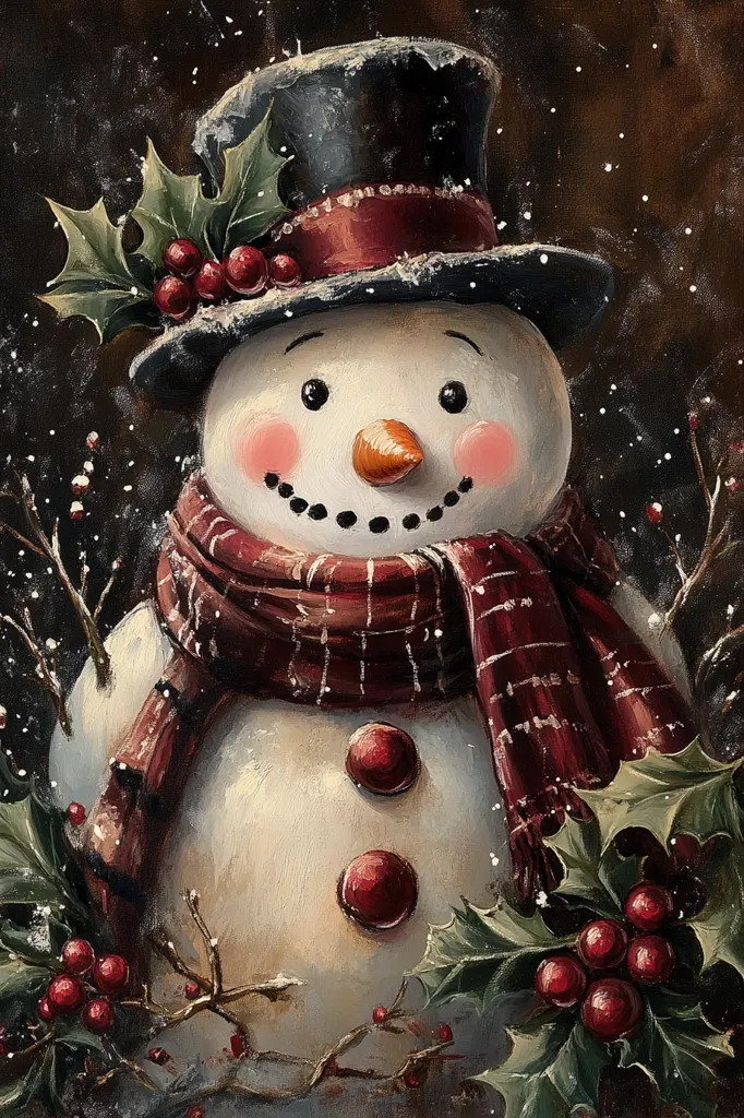 A charming painting depicts a snowman adorned with a top hat, burgundy scarf, and holly berries.  The snowman's rosy cheeks and cheerful expression exude festive warmth.  Snowflakes gently fall around him, adding to the cozy winter scene.  The rich colors and detailed brushstrokes create a rustic, heartwarming Christmas image.