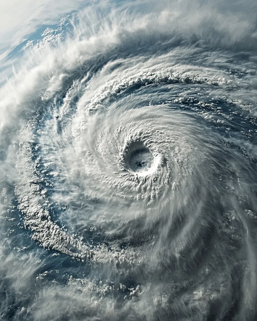 A powerful hurricane, viewed from above, dominates the image.  Its swirling, dense clouds form a massive spiral, a dark eye visible at its center.  The surrounding ocean is a deep blue, contrasting with the lighter grey and white of the storm's clouds. The scale and intensity of the hurricane are clearly visible.