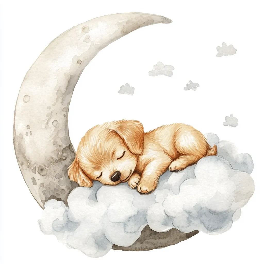 A watercolor illustration depicts a cute golden retriever puppy peacefully sleeping on a fluffy cloud nestled on a crescent moon.  Small clouds and stars are scattered in the background, creating a serene and dreamy nighttime scene. The artwork is soft and charming, ideal for children's decor or nursery art.