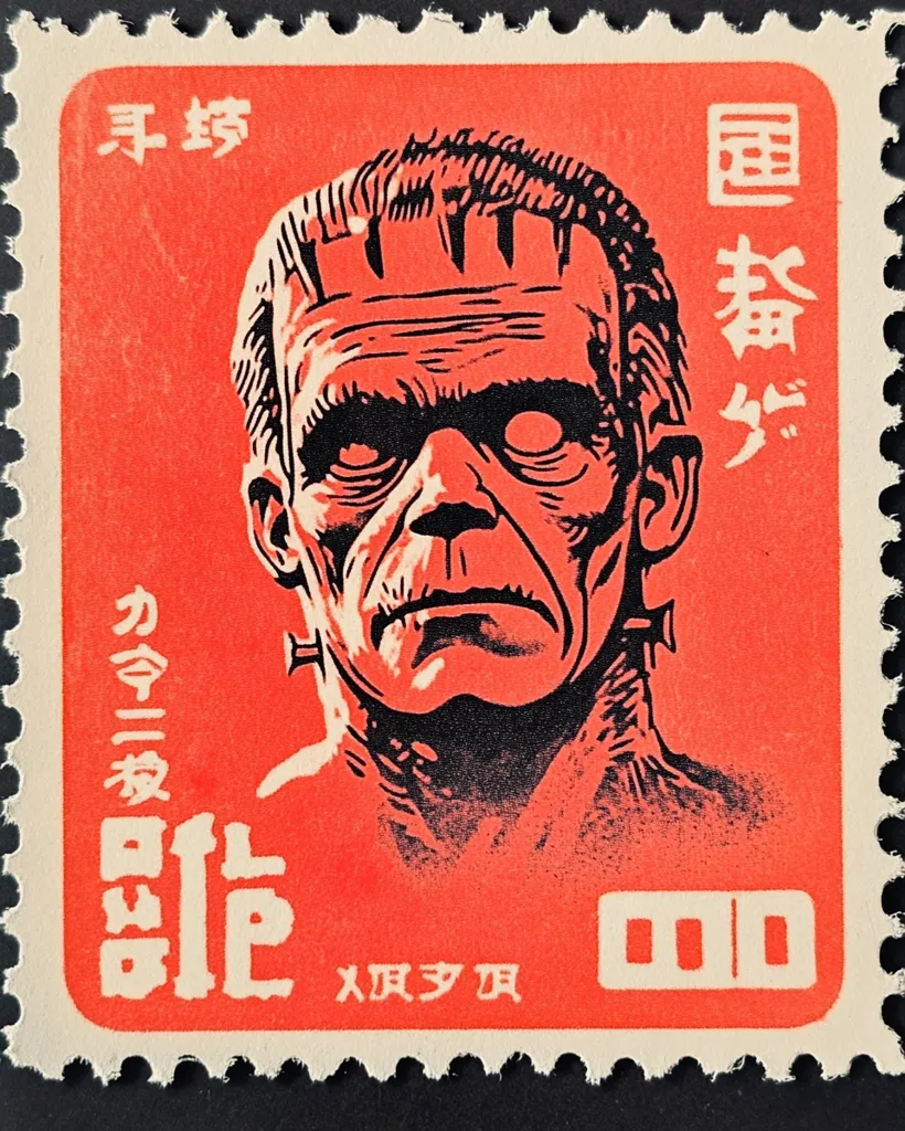 This is a Japanese postage stamp featuring a stylized illustration of Frankenstein's monster.  The stamp is predominantly orange-red, with the monster depicted in black and white.  Japanese text surrounds the image, indicating the stamp's value and likely the date of issue. The monster's face is expressive, conveying a grim and somewhat sorrowful demeanor.  The stamp's design is bold and graphic in style.
