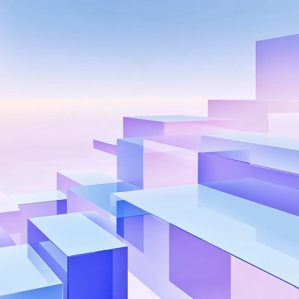 An abstract image featuring a series of translucent cubes and rectangular prisms in varying shades of pastel purple and blue.  The shapes overlap and layer, creating a sense of depth and perspective against a soft, light-blue background. The overall effect is dreamy and serene, suggesting a minimalist or modern aesthetic. The scene is reminiscent of a product display or architectural model.