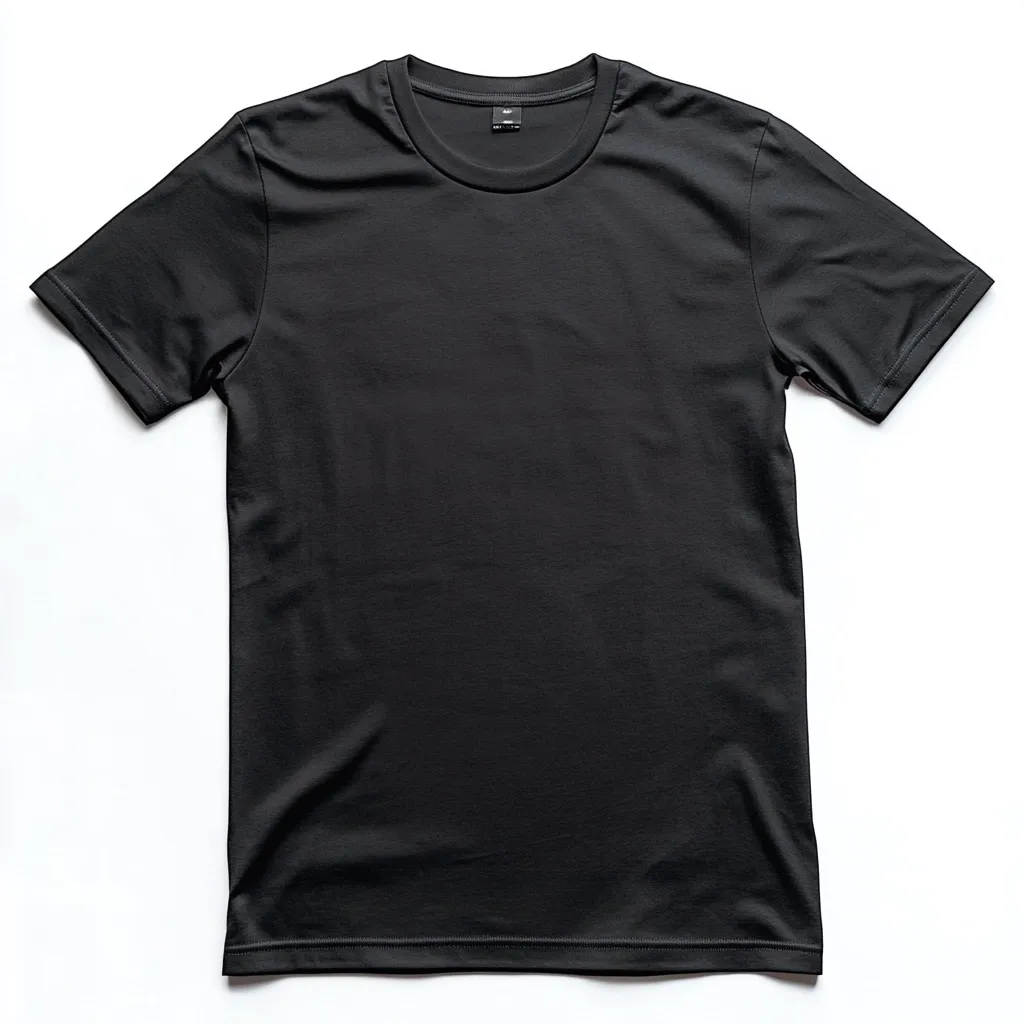 A plain black t-shirt is displayed against a white background.  The shirt is short-sleeved, crew-neck, and appears to be made of a smooth, possibly cotton material.  It is laid flat, showcasing the simple design and unblemished surface, ideal for showcasing a logo or design. The small, unbranded tag is barely visible at the neckline.