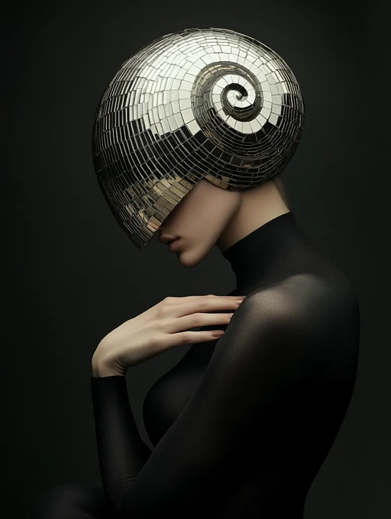 A woman in a black, form-fitting bodysuit wears a large, silver disco ball headpiece shaped like a spiral shell.  The mirrored surface reflects light, creating a dramatic contrast against her dark clothing and the dark background. Her hands rest gently on her shoulder, her expression serene and mysterious. The image is stylish and evocative of futuristic fashion or avant-garde art.