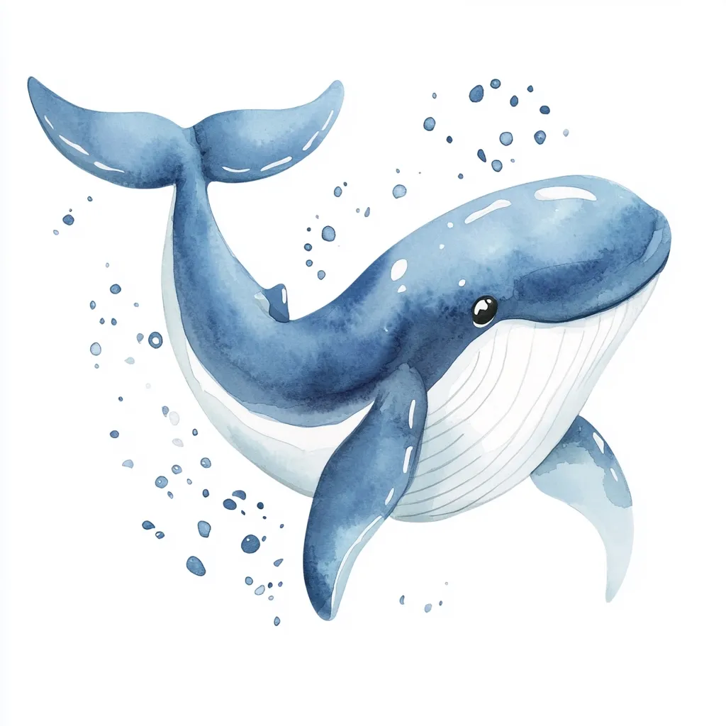 A charming watercolor painting depicts a playful blue whale.  Its smooth, rounded body is rendered in soft blues, contrasted by a lighter, textured underbelly.  The whale appears to be leaping through the water, suggested by small, scattered blue dots representing bubbles. The style is cute and whimsical, ideal for children's illustrations or décor.