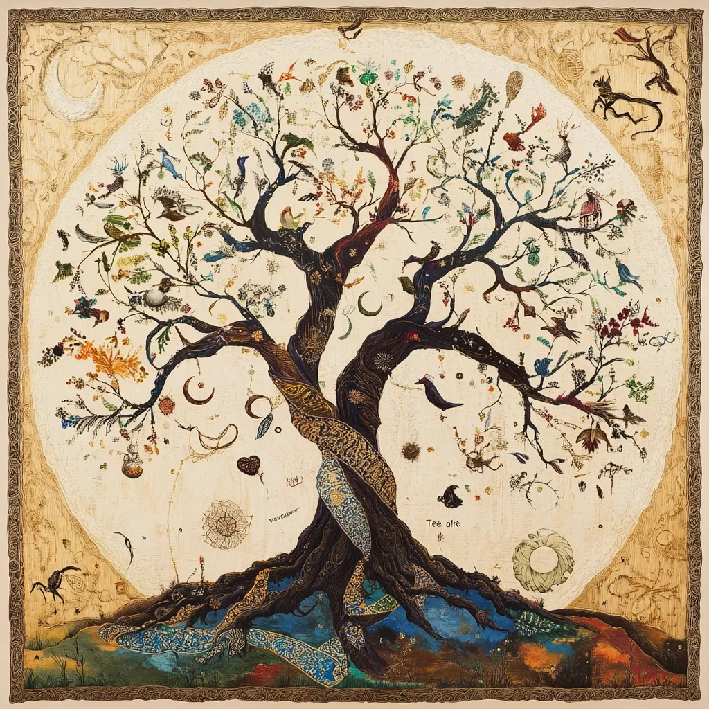 A richly detailed artwork depicts a large, intricate tree of life.  The branches are laden with numerous small birds, insects, celestial bodies, and symbolic objects.  The tree's trunk is adorned with swirling patterns, and its roots extend into a vibrant, textured ground. The overall style is reminiscent of a medieval illuminated manuscript, creating a fantastical and symbolic representation of nature and the cosmos. The artwork is framed by an ornate border.
