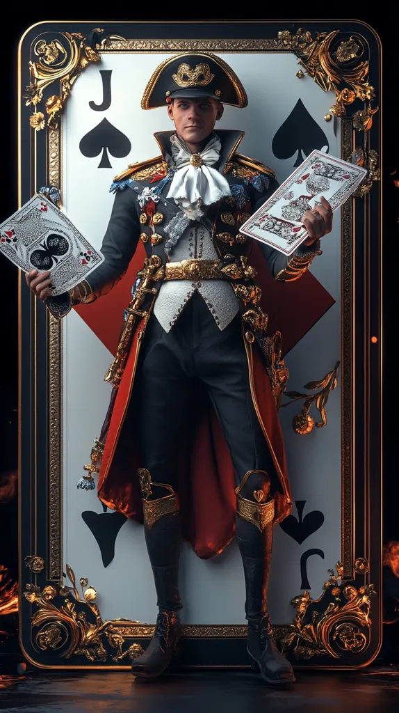 A digitally rendered image depicts the Jack of Spades as a man in ornate 18th-century military attire. He holds playing cards in each hand, standing within a large, ornately framed playing card.  The background is dark, suggesting a dramatic, perhaps gambling-themed context.  The image is highly detailed, with rich textures and gold accents on the clothing and frame. The overall style is extravagant and theatrical.
