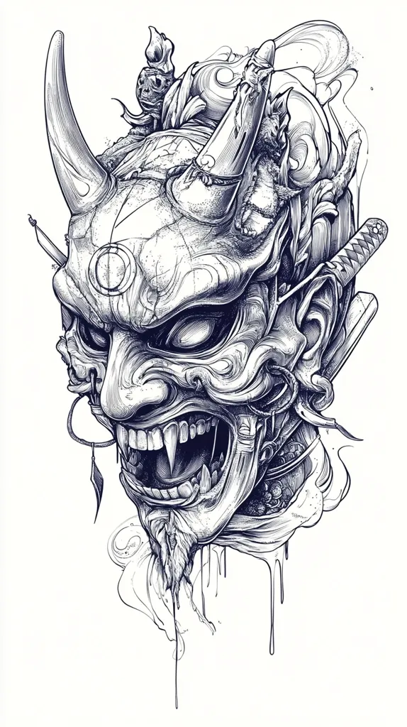 A detailed pen and ink drawing of an oni mask, a Japanese demon. The mask is intricately rendered, with sharp horns, a ferocious expression, and ornate detailing.  A katana is partially visible behind the mask.  The style is dark and evocative, with shading and dripping ink adding to the dramatic effect. The overall impression is one of power and menace.