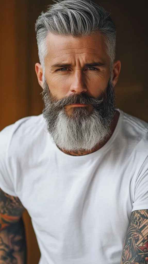 A man with salt and pepper hair styled in a classic cut and a full, long gray beard. He's wearing a plain white t-shirt and has visible tattoos on his arms.  His expression is serious and intense, creating a strong and distinguished look. The image is close-up, focusing on his face and upper body.