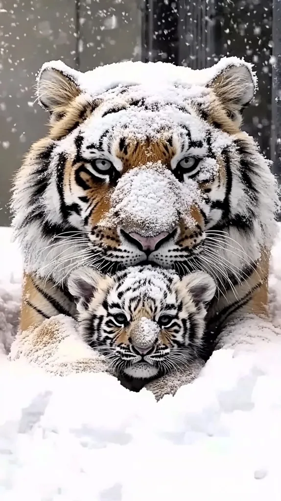 A majestic tiger, its fur dusted with snow, cradles its cub in a heartwarming display of maternal affection.  The snowfall creates a serene winter scene, highlighting the striking orange and black stripes of the tigers. The intense gaze of the mother tiger and the innocent features of her cub create a powerful and touching image.  Both animals appear calm and content nestled in the snow.