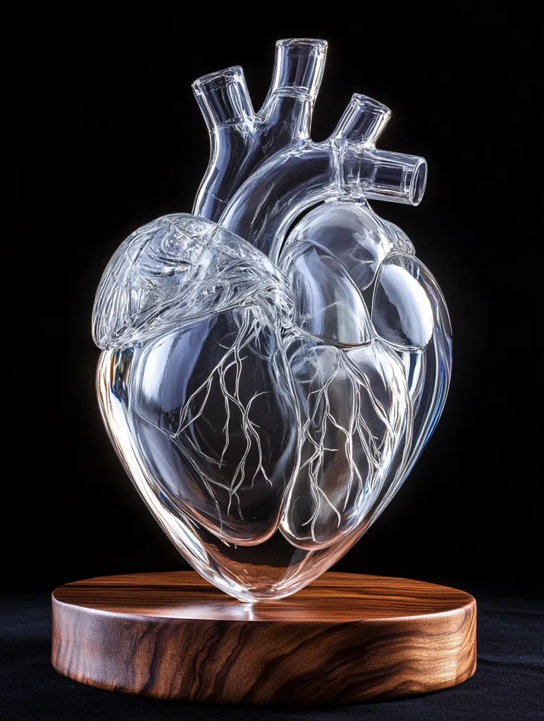 A meticulously crafted glass sculpture of a human heart rests on a dark brown wooden base.  The transparent glass allows for detailed viewing of the heart's chambers and vessels, intricately designed to mimic the circulatory system.  The piece is both scientifically accurate and artistically impressive, a striking combination of form and function.  The dark background accentuates the glass's clarity and the sculpture's delicate details.