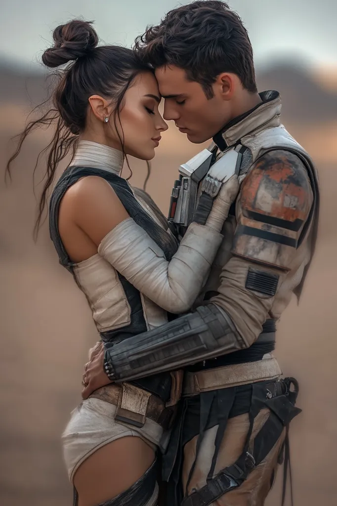 A romantic embrace between a man and woman in desert attire reminiscent of Star Wars characters.  The woman, with a high bun and light beige outfit, holds the man, whose costume features darker tones and armored details, close. Their foreheads touch, conveying intimacy and affection against a blurred desert background. The image evokes a sense of tenderness and adventure.