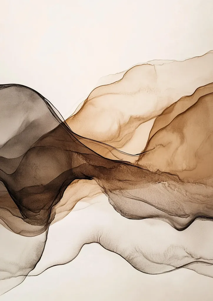 An abstract artwork featuring flowing, translucent forms in shades of brown and black against a white background.  The colors blend seamlessly, creating a sense of movement and depth.  The shapes resemble flowing fabrics or smoke, suggesting a dreamy, ethereal atmosphere.  The overall effect is one of serene elegance and subtle beauty.