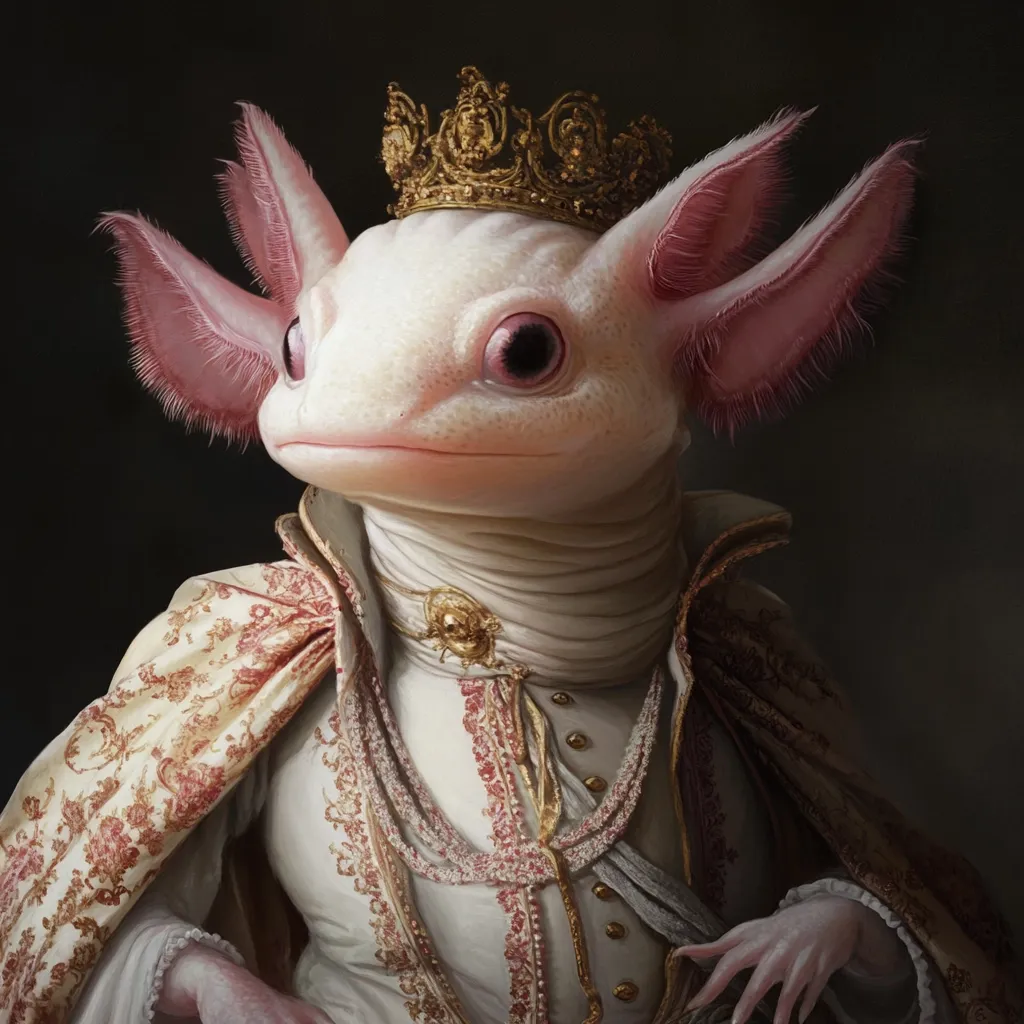 A digital painting depicts an axolotl, regal in appearance, crowned and adorned in ornate, cream-colored clothing with red floral patterns.  The axolotl’s pink feathery gills and large, expressive eyes are striking.  The image evokes a sense of fantasy and nobility, presenting the amphibian as a monarch in a classic portrait style.  The detailed clothing and crown add to the regal impression.