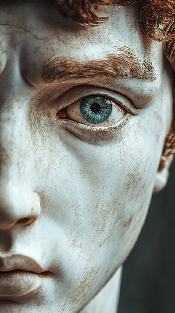 Close-up view of a sculpted face, seemingly made of marble or stone, with a weathered texture.  The focus is on a single, striking blue eye, contrasting against the pale stone.  The details of the brow, hair, and lips are visible, adding to the realistic portrayal. The image evokes a sense of classical artistry with a modern twist.