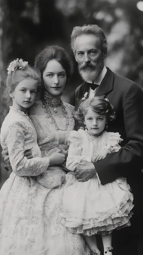 A black and white portrait shows a family of four.  The father, with a full beard and dressed in a dark suit, holds his youngest daughter, who wears a lacy dress. His wife, elegantly attired in a lace gown and ornate necklace, holds their eldest daughter, also in a light-colored dress. The older daughter's hair is up, while the younger girl's is styled in ringlets. The image evokes a sense of formality and familial closeness.