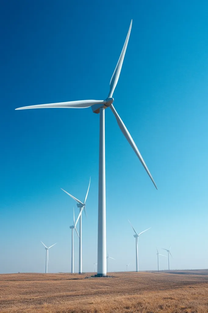 A row of wind turbines stand tall against a clear blue sky in a dry, brown field.  The largest turbine is in the foreground, sharply in focus, while others recede into the distance, creating a perspective of depth.  The scene evokes a sense of clean energy and vastness, showcasing renewable energy technology in a natural landscape.