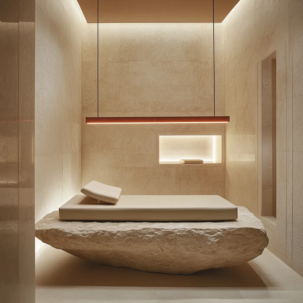 A minimalist spa treatment room features a beige stone wall and floor.  A low, cushioned bed rests on a large, rough-hewn stone slab.  A single, long, rectangular light fixture hangs from the ceiling, providing soft illumination.  A small, recessed niche in the wall adds subtle detail to the serene space. The overall design emphasizes natural materials and tranquil simplicity.