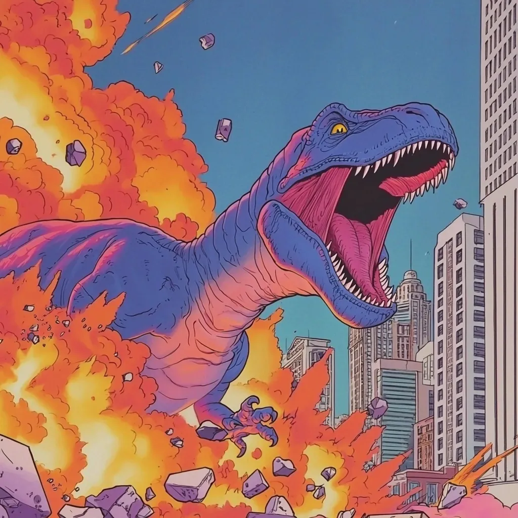 A vibrant, stylized illustration depicts a colossal, purple Tyrannosaurus Rex amidst a cityscape.  The dinosaur roars, its mouth agape, amidst fiery explosions and crumbling buildings.  The art style is reminiscent of comic books, with bold outlines and a retro color palette. The scene is dynamic and chaotic, suggesting a monster movie-esque attack.