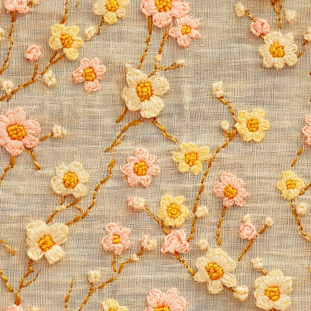 A beige linen fabric is adorned with delicate embroidered flowers.  The blossoms are in shades of pale yellow and peach, arranged in branching patterns across the material.  The embroidery is meticulously detailed, creating a charming and subtle floral design.  The texture of the linen is visible, contrasting with the smooth stitches of the embroidered flowers.  The overall effect is one of understated elegance and natural beauty.