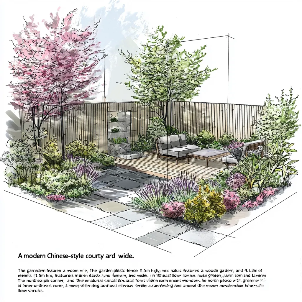 A modern Chinese-style courtyard is depicted in a detailed sketch.  The design features a wooden garden, a 1.5m high fence, and mixed plantings including lavender and flowering shrubs.  A wooden deck with seating is centrally located, surrounded by carefully arranged plants and stone paving. The overall style is serene and incorporates natural elements.