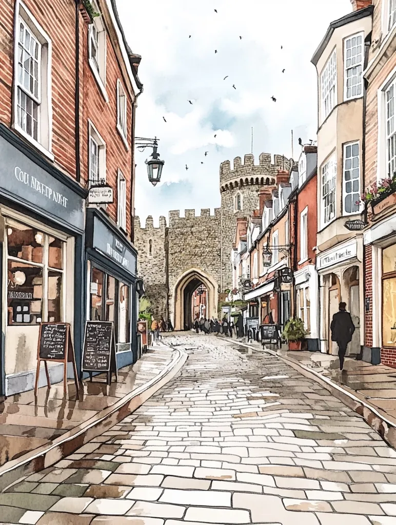 A watercolor painting depicts a charming cobblestone street, lined with quaint shops and brick buildings.  A majestic castle gate stands at the far end, partially obscuring the view.  People stroll along the street, adding a sense of life to the scene.  The sky is overcast, casting a soft light on the architecture.  A single figure in a dark coat walks away near the right.  The overall mood is peaceful and evocative of a historic European town.