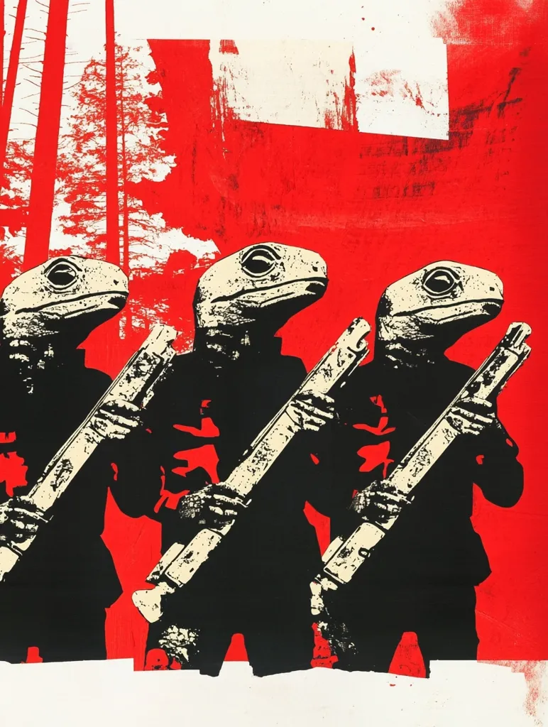 Three frog-like creatures in black military uniforms stand shoulder-to-shoulder against a vibrant red background, holding long, light-colored rifles.  The backdrop features a stylized forest scene and abstract red and white brushstrokes. The image is bold, graphic, and evokes a sense of surreal military might.  The style suggests screen printing or a similar printmaking technique.