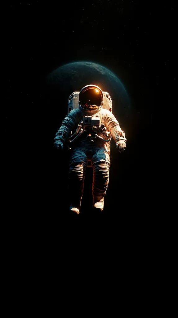 An astronaut floats in the inky blackness of space, a distant, illuminated Earth visible behind.  The astronaut's spacesuit is bathed in a soft, golden light, contrasting with the dark void. The image evokes a sense of solitude and the vastness of the cosmos. The scene is dramatically lit, emphasizing the astronaut's isolation and the awe-inspiring scale of space.