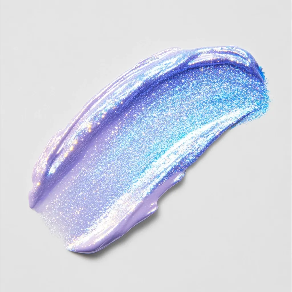 A swatch of shimmering lavender cosmetic product is displayed against a light gray background. The iridescent texture glistens with fine glitter, creating a visually appealing, luxurious effect.  The swatch is smeared in a fluid, irregular shape, showcasing the product's consistency and sparkle.  The color is a soft, dreamy purple with subtle blue undertones.