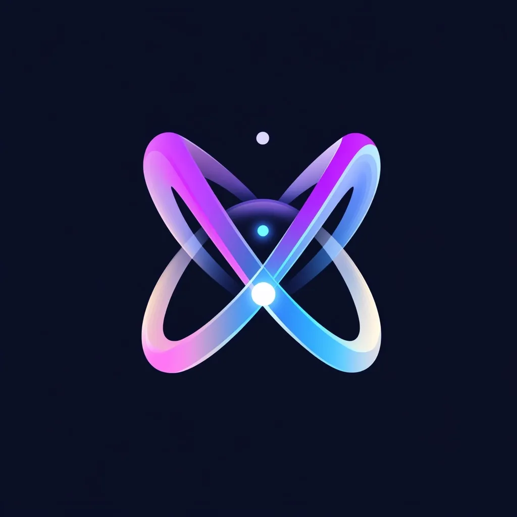 A stylized atom or molecular structure is depicted against a dark background.  Two orbiting, luminous ellipses, in shades of purple and blue, intersect at a central point, suggesting energy and movement.  A smaller, darker sphere is at the center, with a tiny white dot above. The overall design is vibrant and abstract, evoking a sense of science, technology, or energy.