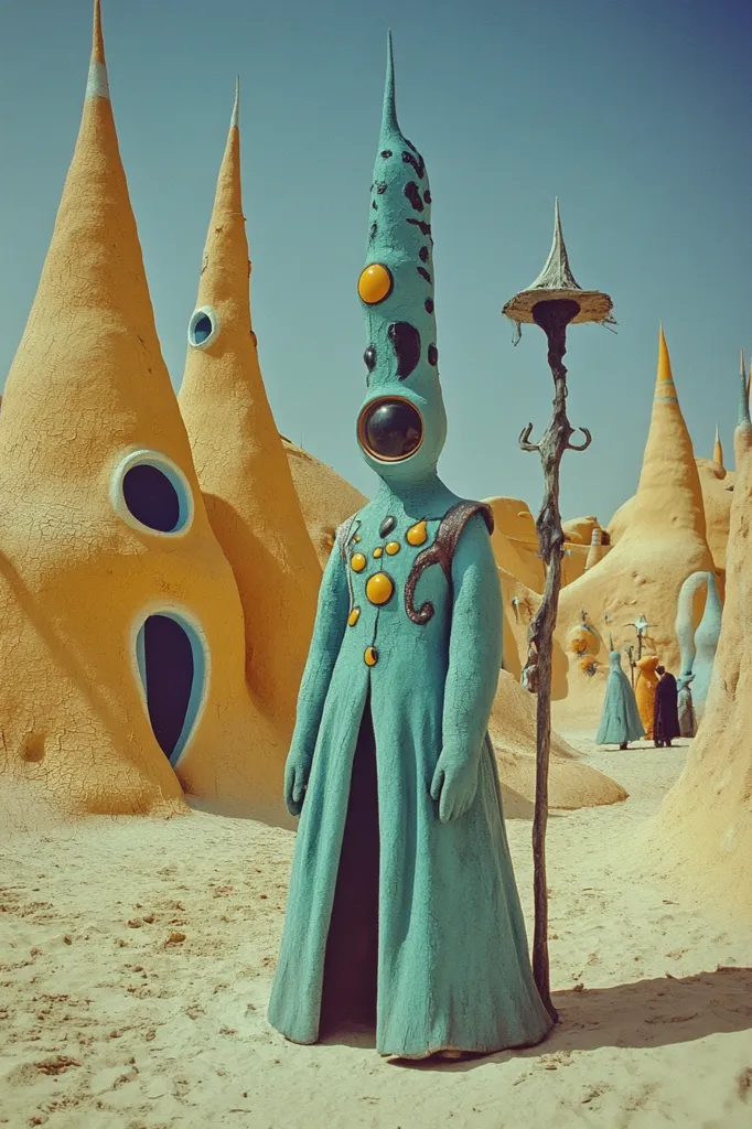 A teal-colored, humanoid figure in a long robe stands in a desert landscape.  The figure has a tall, pointed head with circular features and holds a staff.  The background features surreal, cone-shaped structures in pale yellow, creating an otherworldly scene.  Smaller, similarly robed figures are visible in the distance, adding to the fantastical atmosphere.