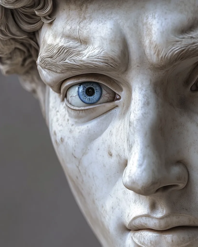 A close-up detail of a marble sculpture, possibly depicting David, focuses on the eye and surrounding facial features. The meticulously carved texture of the stone is evident, and the eye is strikingly realistic, with a vibrant blue iris contrasting with the pale marble.  The expression is pensive, and the partial view suggests a larger, classical-style statue.  The image's focus emphasizes the artistry and detail of the work.