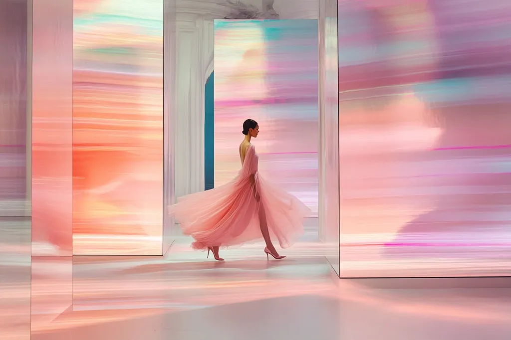 A model in a flowing, light pink gown walks down a runway. The background features large, pastel-colored panels with a blurred, painterly effect, creating a dreamy and ethereal atmosphere.  The overall aesthetic is soft, romantic, and subtly surreal.  The scene is brightly lit, emphasizing the delicate fabric of the dress and the smooth surfaces of the walls.