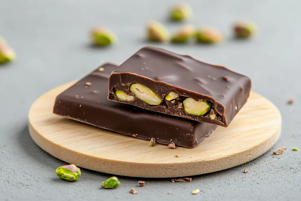 Two pieces of dark chocolate with pistachios are stacked on a small wooden coaster. The top piece is broken, revealing the pistachios embedded within the rich, dark chocolate.  Scattered pistachio nuts and chocolate shavings surround the coaster on a gray surface. The image focuses on the texture and deliciousness of the chocolate.