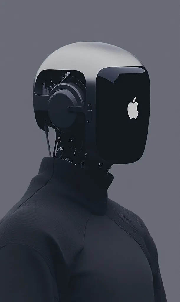 A stylized robotic figure is depicted, its head resembling a sleek, metallic Apple product.  Oversized headphones are integrated into the design, and the body is clad in a dark, high-necked garment.  The overall aesthetic is minimalist and futuristic, blending technological elements with a fashion-forward design. The Apple logo is prominently displayed on the head unit.