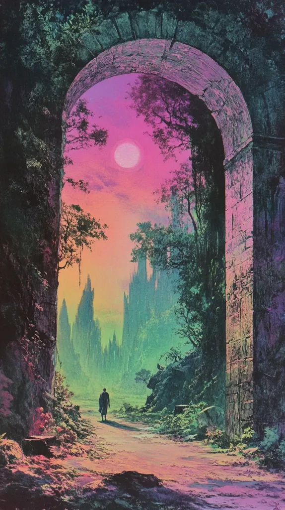 A lone figure walks a path leading through a stone archway. Beyond, a surreal landscape unfolds under a vibrant, pastel sky, illuminated by a large, pale moon.  Ethereal, green-tinged spires rise in the distance, creating a dreamlike atmosphere. The overall color palette is a blend of pinks, purples, and greens, enhancing the mystical quality of the scene.  The archway frames the view, adding depth and mystery to this otherworldly setting.