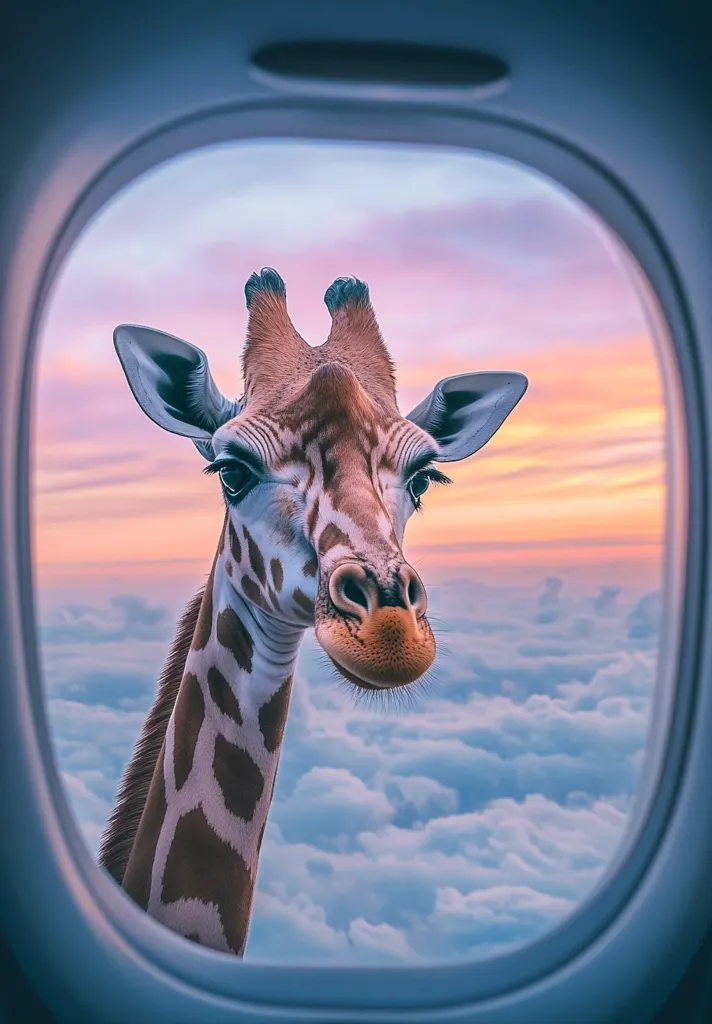 A giraffe's head and neck are seen through an airplane window.  The giraffe looks curiously at the viewer, its long neck extending into the frame.  Outside, a breathtaking sunset paints the sky with soft pinks and oranges, while fluffy clouds blanket the landscape below. The overall image is whimsical and surreal.