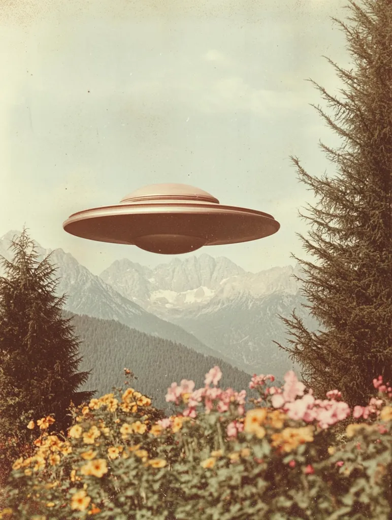 A vintage-toned image depicts a flying saucer hovering serenely above a picturesque landscape.  Mountains covered in a soft blanket of trees form a dramatic backdrop.  In the foreground, a vibrant field of wildflowers adds a touch of earthly beauty to the otherworldly scene. The overall aesthetic evokes a sense of calm mystery and nostalgic wonder.