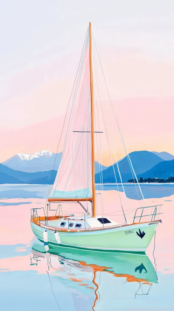 A pastel-colored sailboat rests on calm water, its reflection mirroring the serene scene.  The boat, painted in soft mint green, is anchored before a backdrop of hazy pink skies and distant, blue-toned mountains. The overall impression is one of peaceful tranquility and gentle beauty.  The artist's style is reminiscent of a watercolor painting.