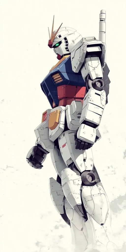 A detailed illustration showcases a mecha, predominantly white with accents of blue, red, and gold.  The robot's design is intricate, featuring numerous panels and joints, suggesting a weathered or battle-worn appearance.  The mecha stands against a simple, light gray background, emphasizing its mechanical complexity and imposing stature.  Its head is turned slightly, adding a dynamic element to the otherwise static pose.