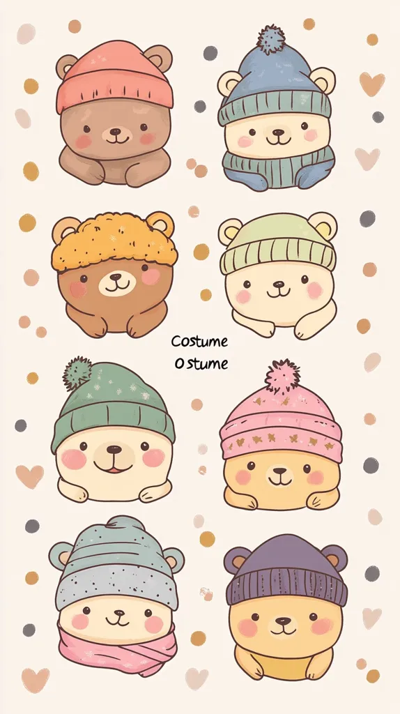 Eight adorable cartoon bears, each wearing a different colored winter hat, are arranged in a grid pattern.  The bears have sweet expressions and are depicted in a soft, pastel color palette.  The text "Costume Ostume" is centered between the second and third rows. The background features small hearts and dots.  The overall style is cute and whimsical, perfect for children's products or winter-themed designs.