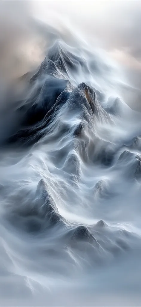 A breathtaking image captures a snow-covered mountain range shrouded in a thick, swirling mist.  The wind whips the clouds, creating a ghostly, ethereal effect.  Dark, rocky peaks peek through the white haze, adding depth and contrast to the scene.  The overall impression is one of serene, powerful beauty and the raw majesty of nature.